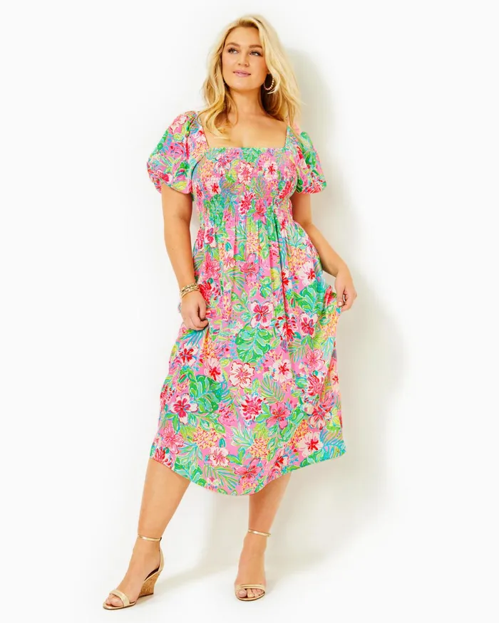 Dresses Women Lilly Pulitzer Shawnlee Elbow Sleeve OffTheShoulder Cotton Midi Dress Cerise Pink Safari Sunset