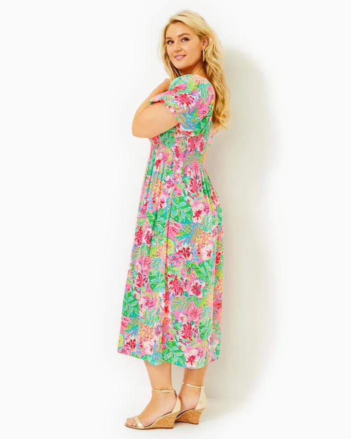Dresses Women Lilly Pulitzer Shawnlee Elbow Sleeve OffTheShoulder Cotton Midi Dress Cerise Pink Safari Sunset