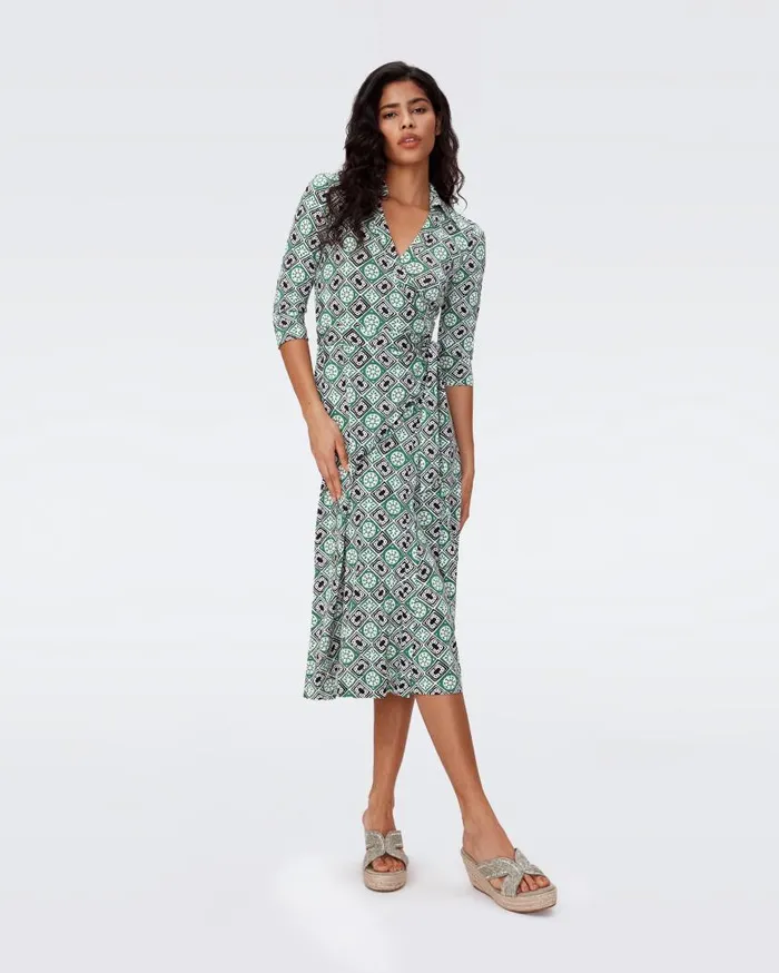DVF Dresses Women Abigail Silk Jersey Midi Wrap Dress Paper Cut Geo