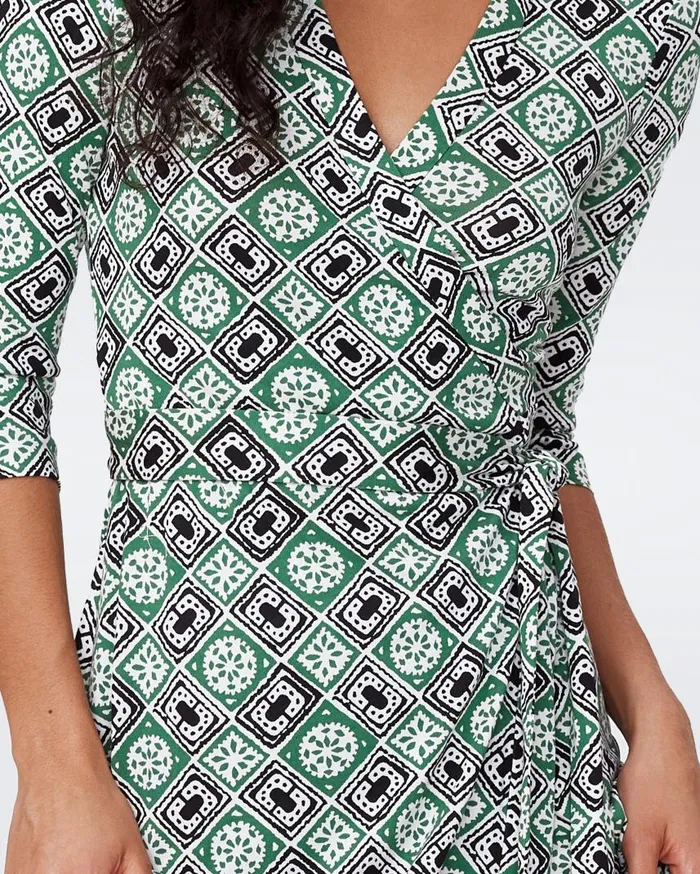 DVF Dresses Women Abigail Silk Jersey Midi Wrap Dress Paper Cut Geo