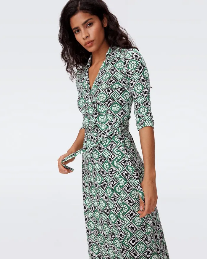 DVF Dresses Women Abigail Silk Jersey Midi Wrap Dress Paper Cut Geo