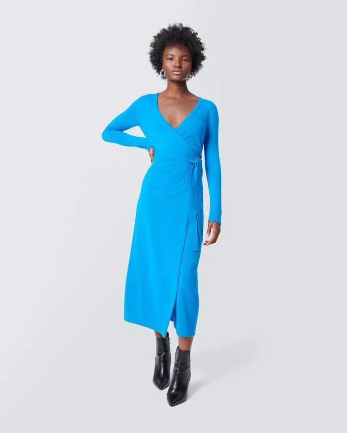 DVF Dresses Women Astrid WoolCashmere Wrap Dress Brilliant Blue
