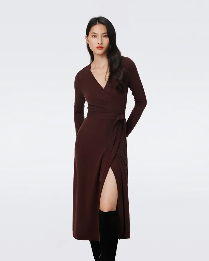DVF Dresses Women Astrid WoolCashmere Wrap Dress Chestnut Brown