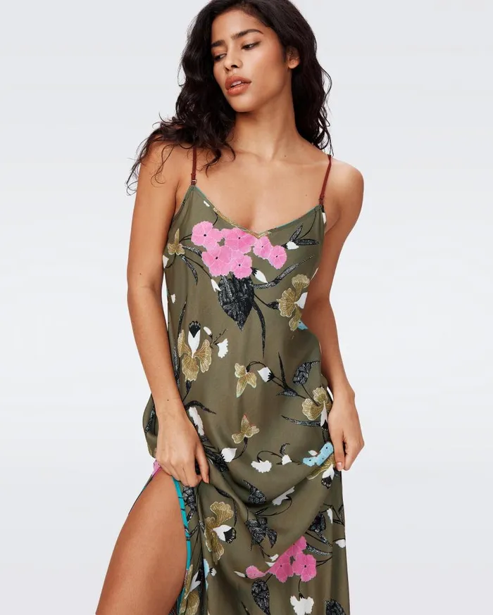 DVF Dresses Women Balbino Reversible Dress Festival Floral Teal And Olive