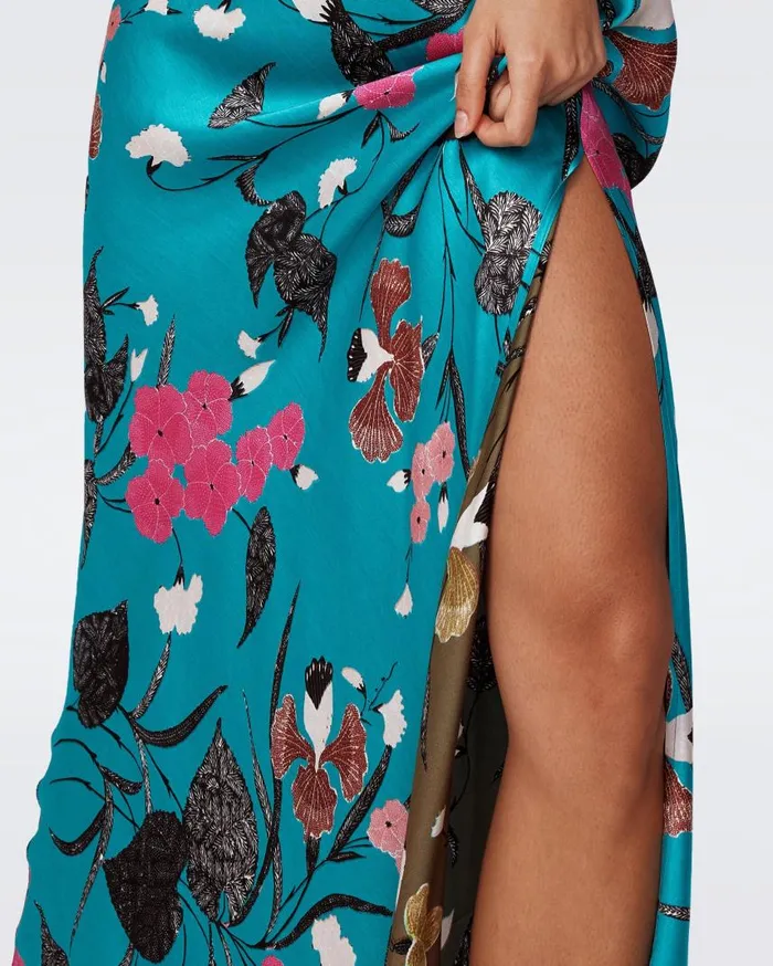 DVF Dresses Women Balbino Reversible Dress Festival Floral Teal And Olive