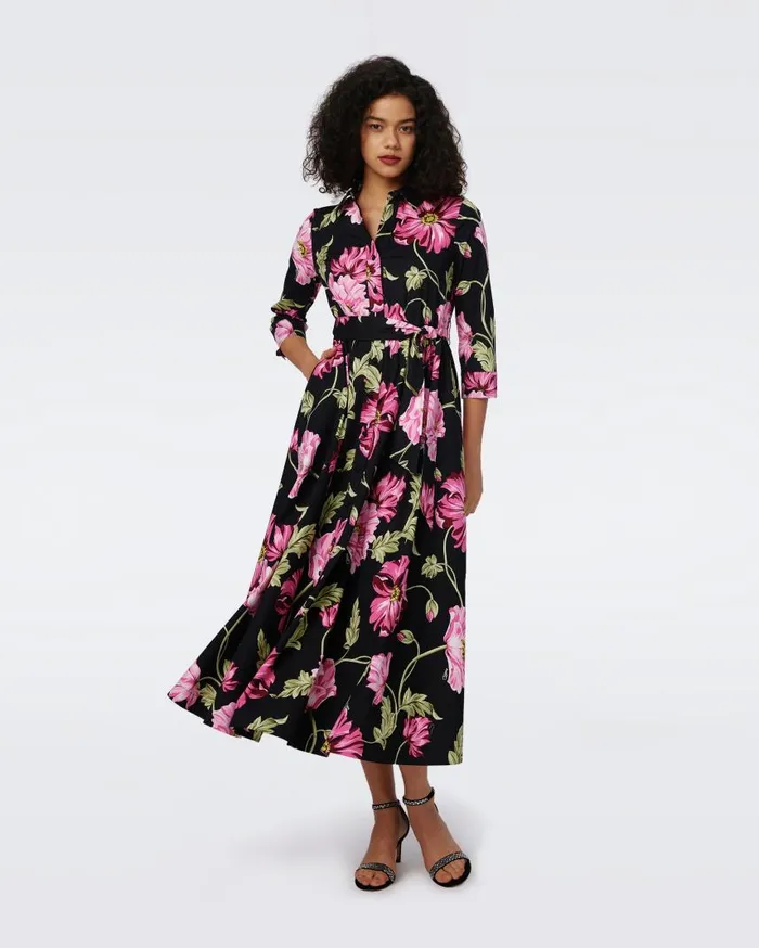 DVF Dresses Women Blaine Cotton Poplin Dress Huge Hendrix Floral Pink