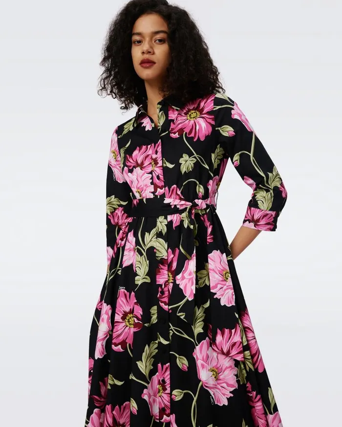 DVF Dresses Women Blaine Cotton Poplin Dress Huge Hendrix Floral Pink