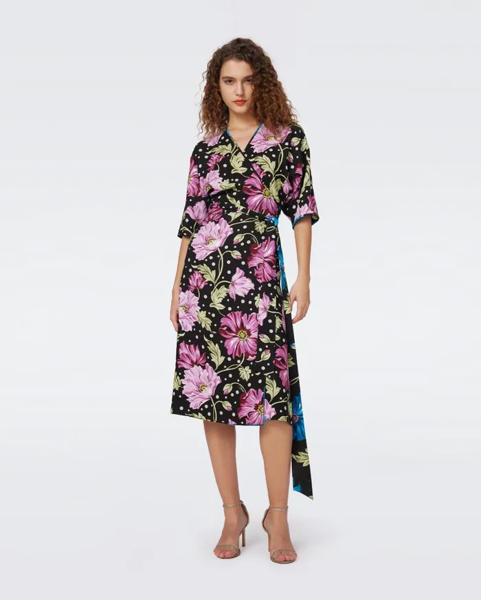 DVF Dresses Women Rosalina Reversible Wrap Dress Hendrix Floral Pink Dot And Teal
