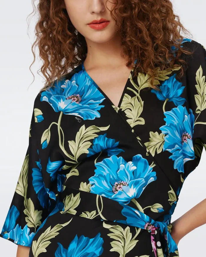 DVF Dresses Women Rosalina Reversible Wrap Dress Hendrix Floral Pink Dot And Teal