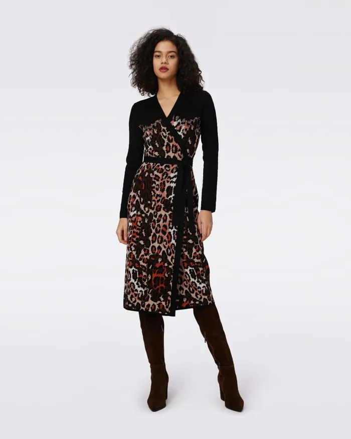 DVF Dresses Women Savannah Knit Jacquard Wrap Dress Tiny Jungle Cat And Black