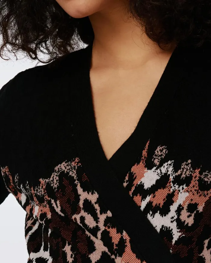 DVF Dresses Women Savannah Knit Jacquard Wrap Dress Tiny Jungle Cat And Black