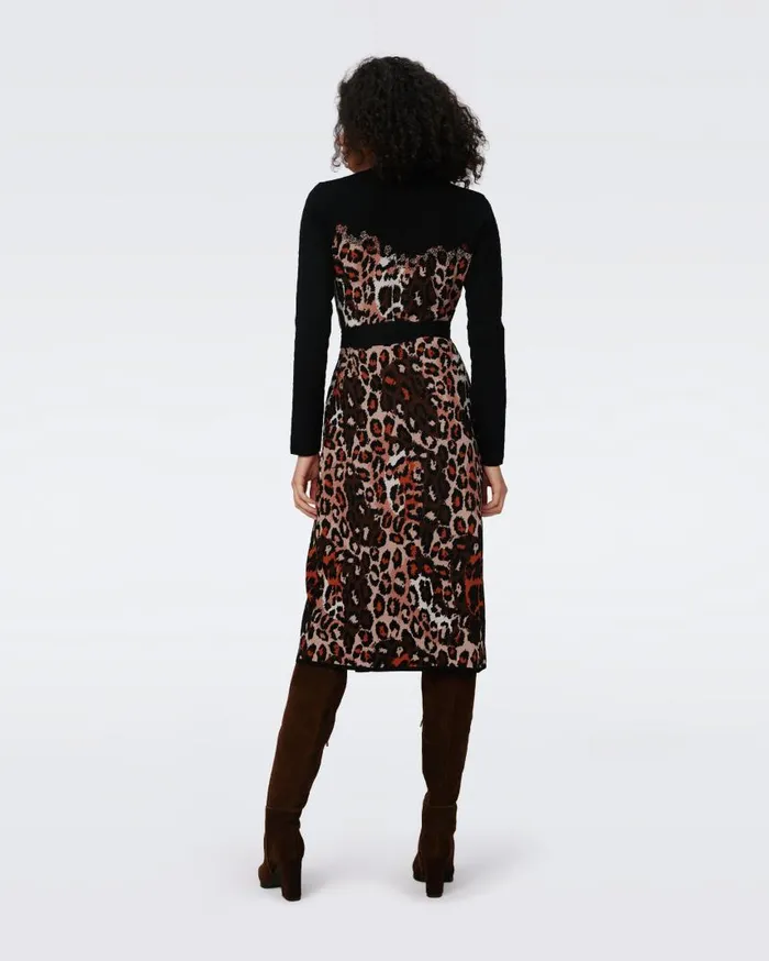 DVF Dresses Women Savannah Knit Jacquard Wrap Dress Tiny Jungle Cat And Black