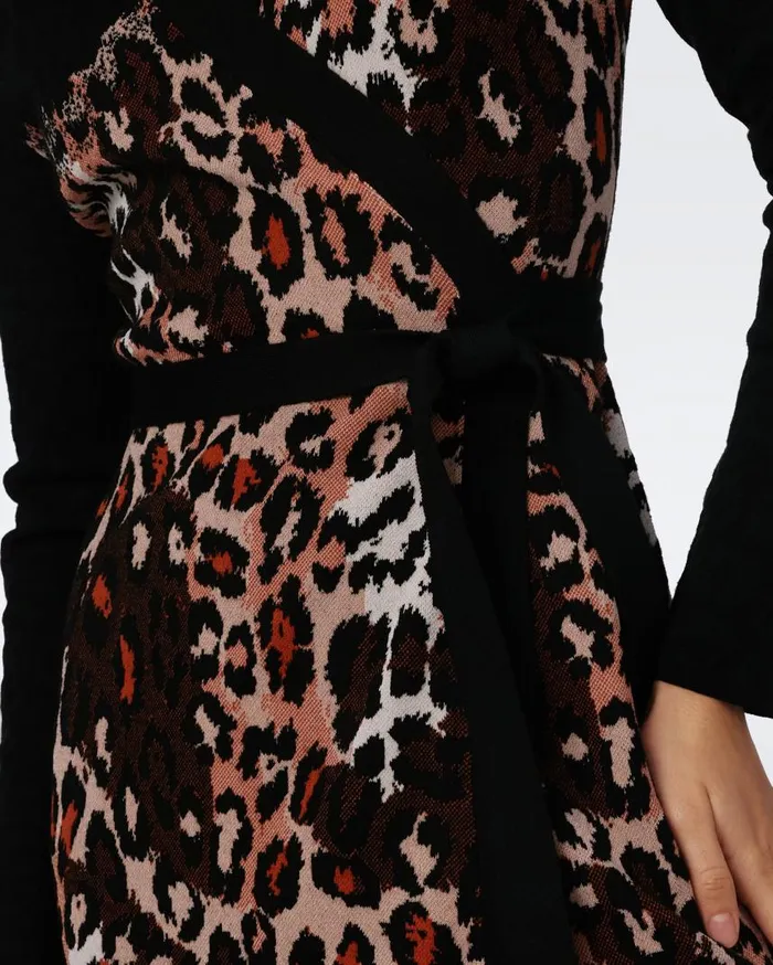 DVF Dresses Women Savannah Knit Jacquard Wrap Dress Tiny Jungle Cat And Black