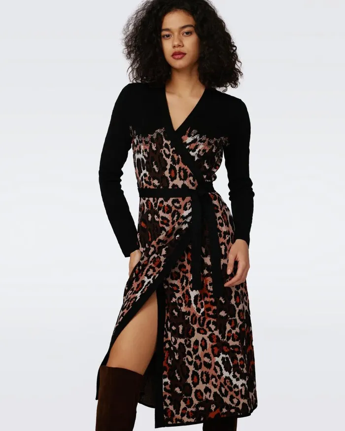 DVF Dresses Women Savannah Knit Jacquard Wrap Dress Tiny Jungle Cat And Black