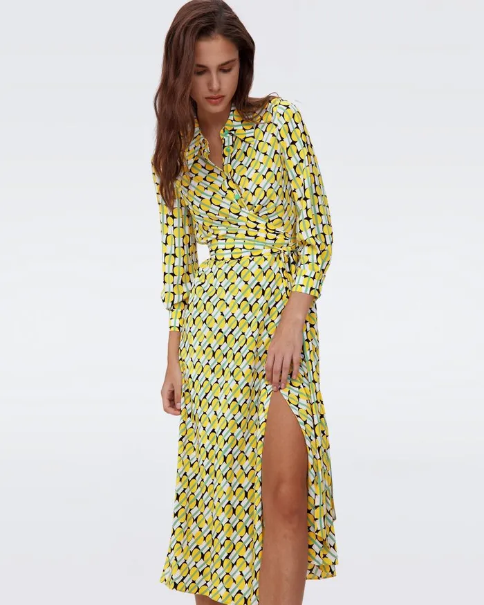 DVF Dresses Women Tori Wrap Dress Tiny Maypole Yellow