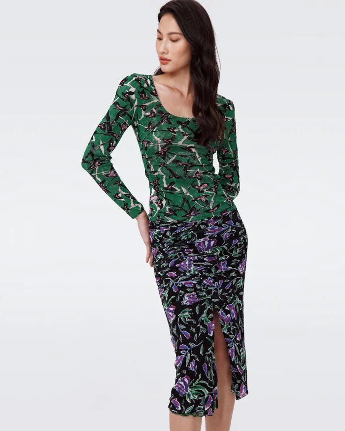 DVF Skirts Women Willow Reversible Mesh Skirt Tulip Fields Violet And Clover Twigs Green