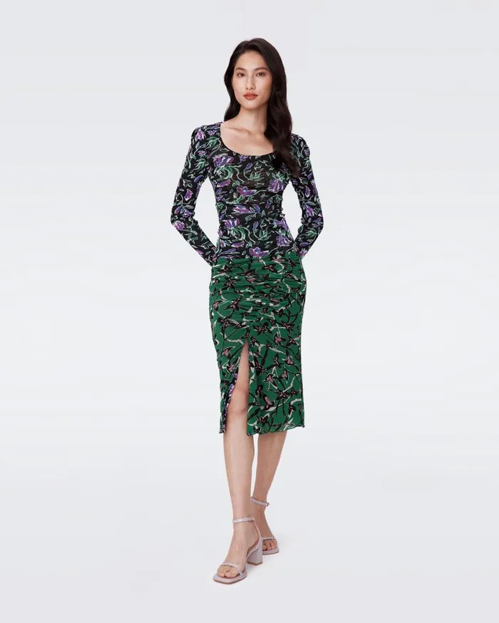 DVF Skirts Women Willow Reversible Mesh Skirt Tulip Fields Violet And Clover Twigs Green