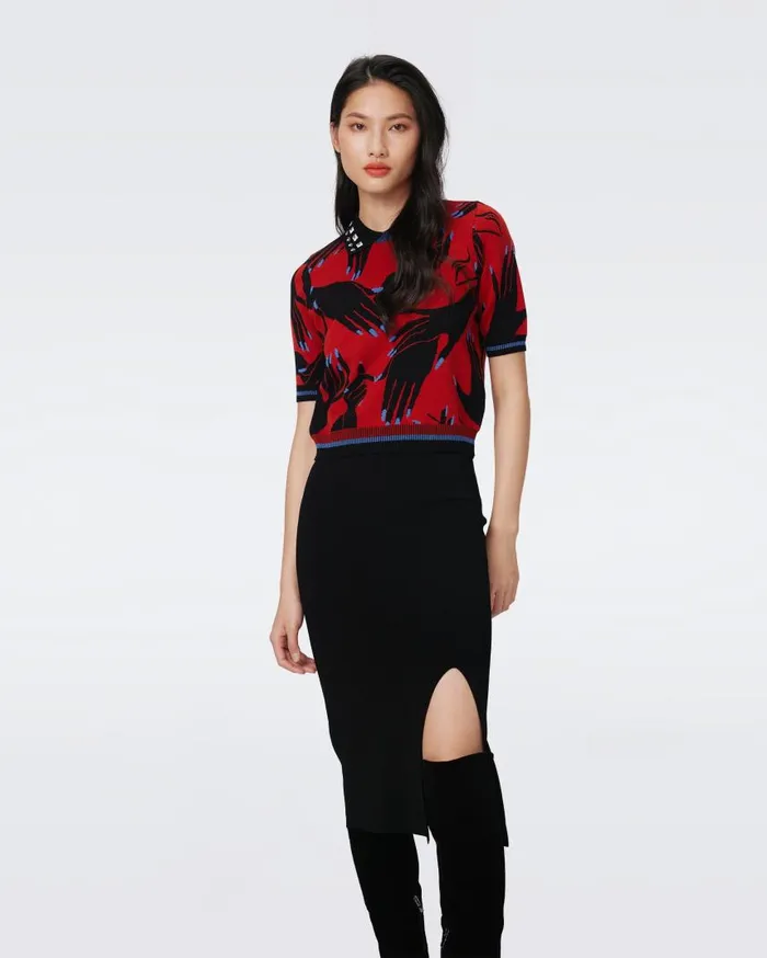 DVF Tops Women Antonella Knit Jacquard Top Huge Stage Hands Red