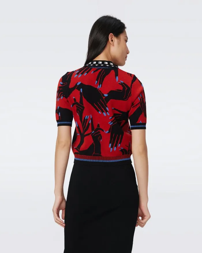 DVF Tops Women Antonella Knit Jacquard Top Huge Stage Hands Red