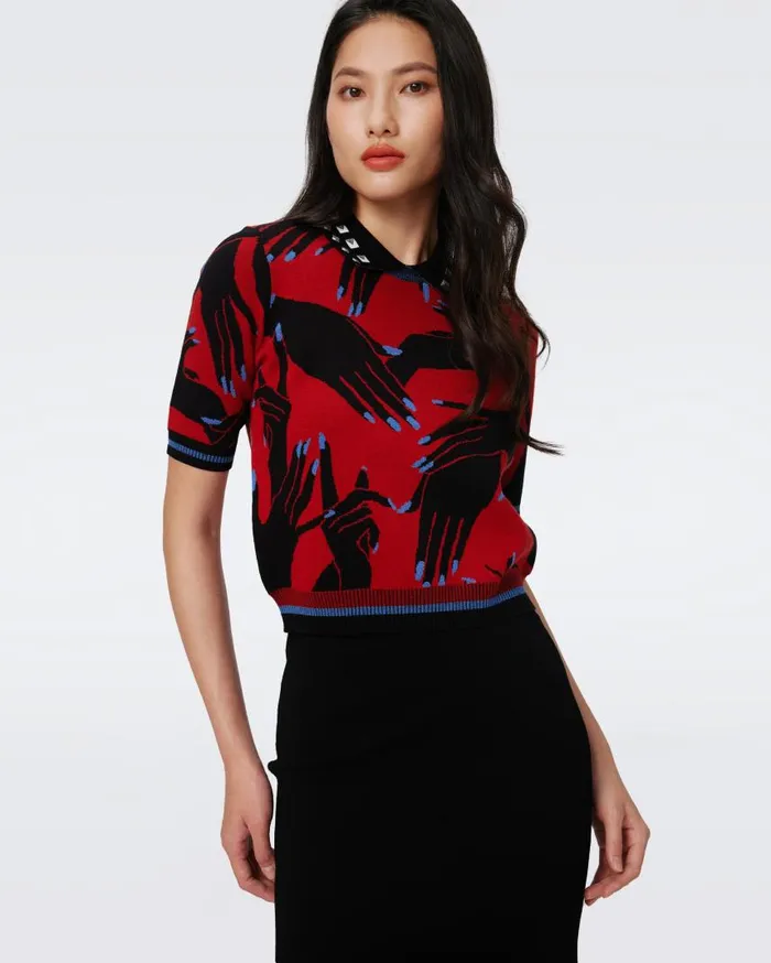 DVF Tops Women Antonella Knit Jacquard Top Huge Stage Hands Red