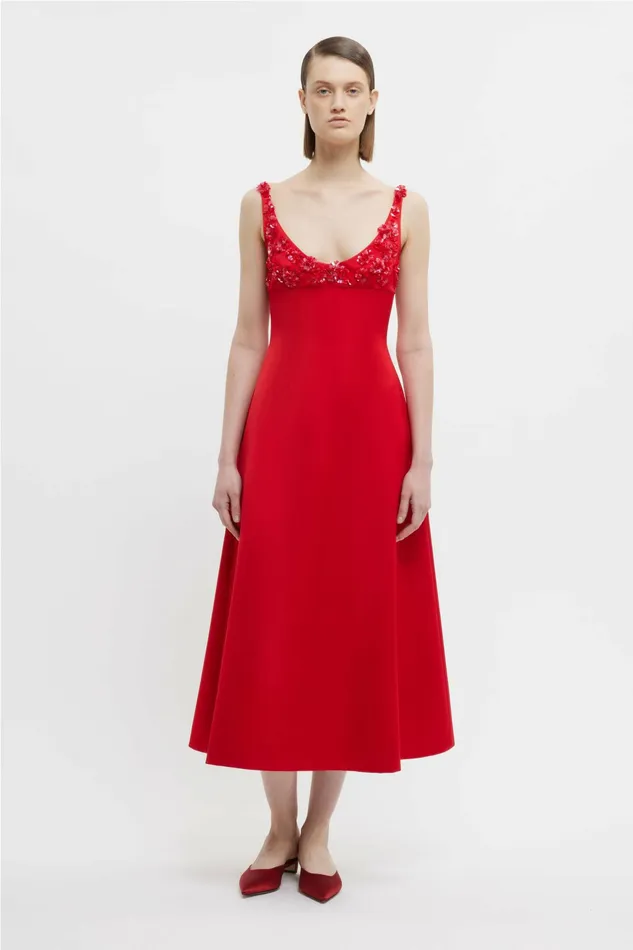 Emilia Wickstead Abella Embellished Dress In Bright Red Doppio Satin Women Dresses