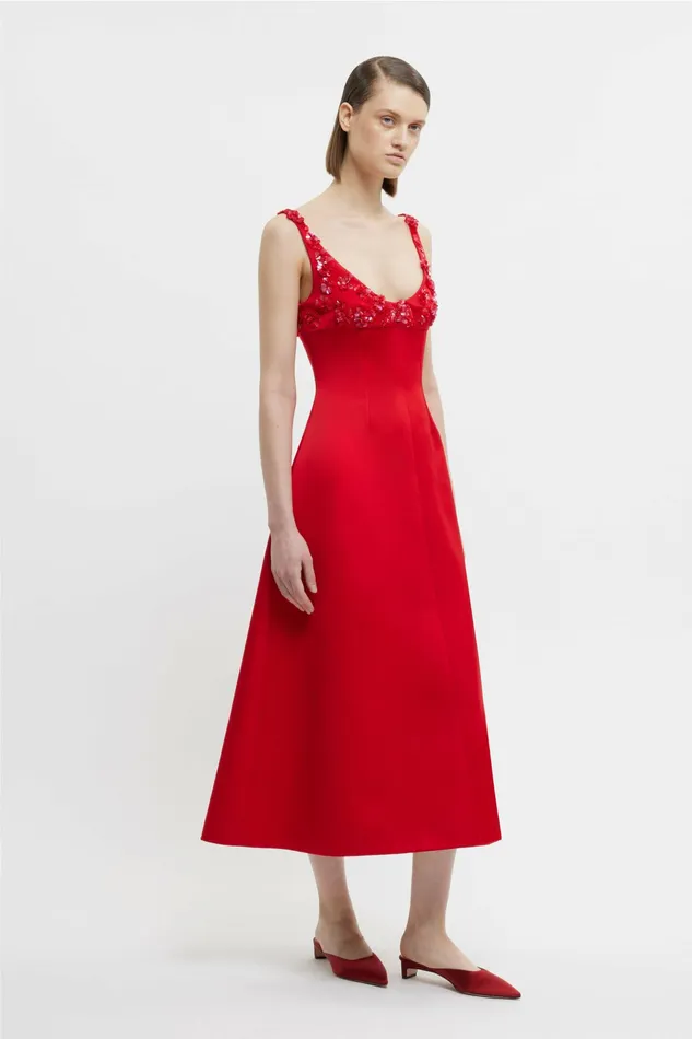 Emilia Wickstead Abella Embellished Dress In Bright Red Doppio Satin Women Dresses Emilia Wickstead Abella Embellished Dress In Bright Red Doppio Satin Women Dresses