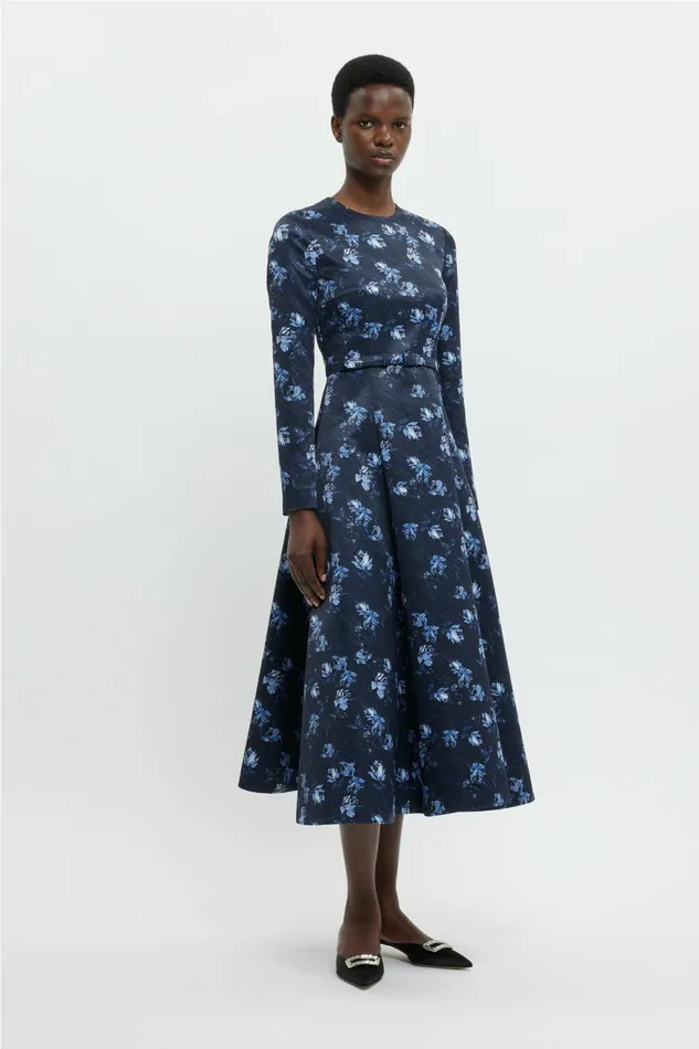 Emilia Wickstead Capucine Dress In Ditsy Rose On Navy Taffeta Faille Women Dresses