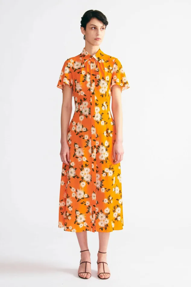 Emilia Wickstead Florencia Dress In Orange Dahlia Floral Print Crepe Women Dresses