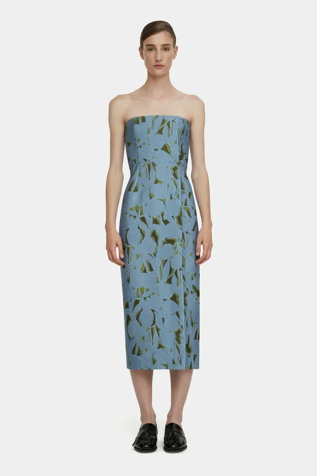 Emilia Wickstead Imara Dress In Cloud Blue and Khaki Embellished Wool Women Dresses
