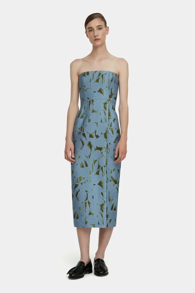Emilia Wickstead Imara Dress In Cloud Blue and Khaki Embellished Wool Women Dresses Emilia Wickstead Imara Dress In Cloud Blue and Khaki Embellished Wool Women Dresses