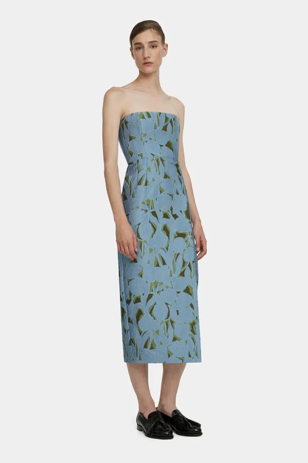 Emilia Wickstead Imara Dress In Cloud Blue and Khaki Embellished Wool Women Dresses Emilia Wickstead Imara Dress In Cloud Blue and Khaki Embellished Wool Women Dresses