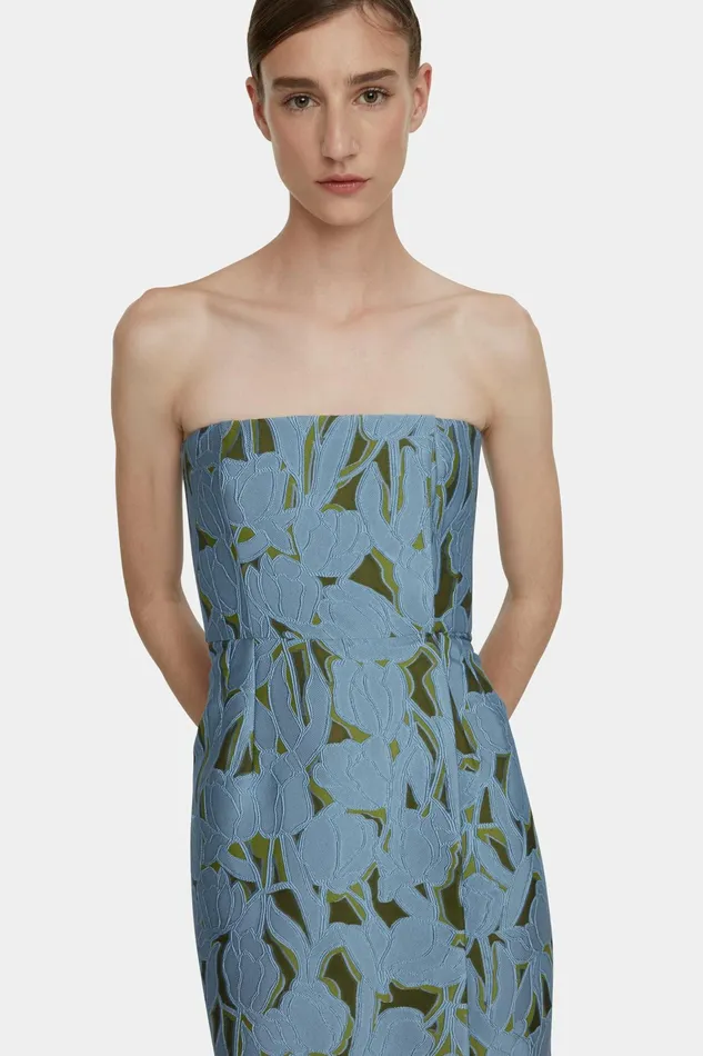 Emilia Wickstead Imara Dress In Cloud Blue and Khaki Embellished Wool Women Dresses Emilia Wickstead Imara Dress In Cloud Blue and Khaki Embellished Wool Women Dresses