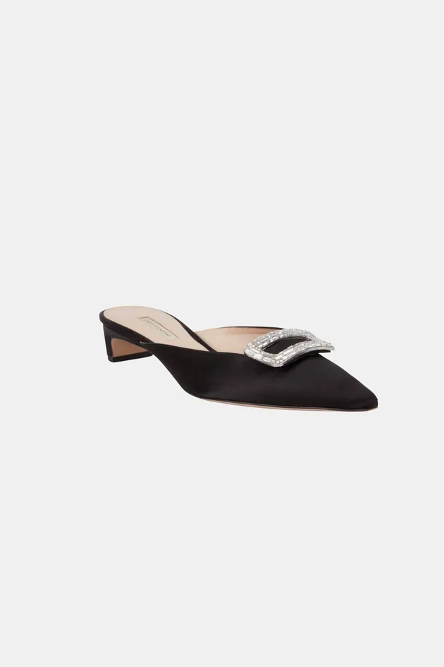 Emilia Wickstead Katy With Jewel Buckle Shoe In Black Satin Women Shoes