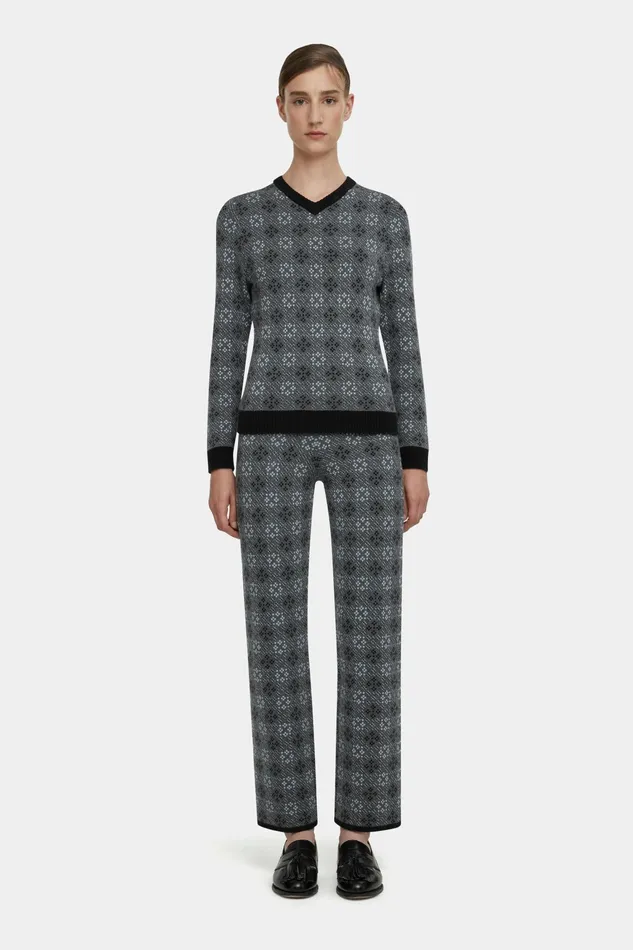 Emilia Wickstead Lowe Knitted Trousers In Grey and Cloud Blue Jacquard Women Trousers