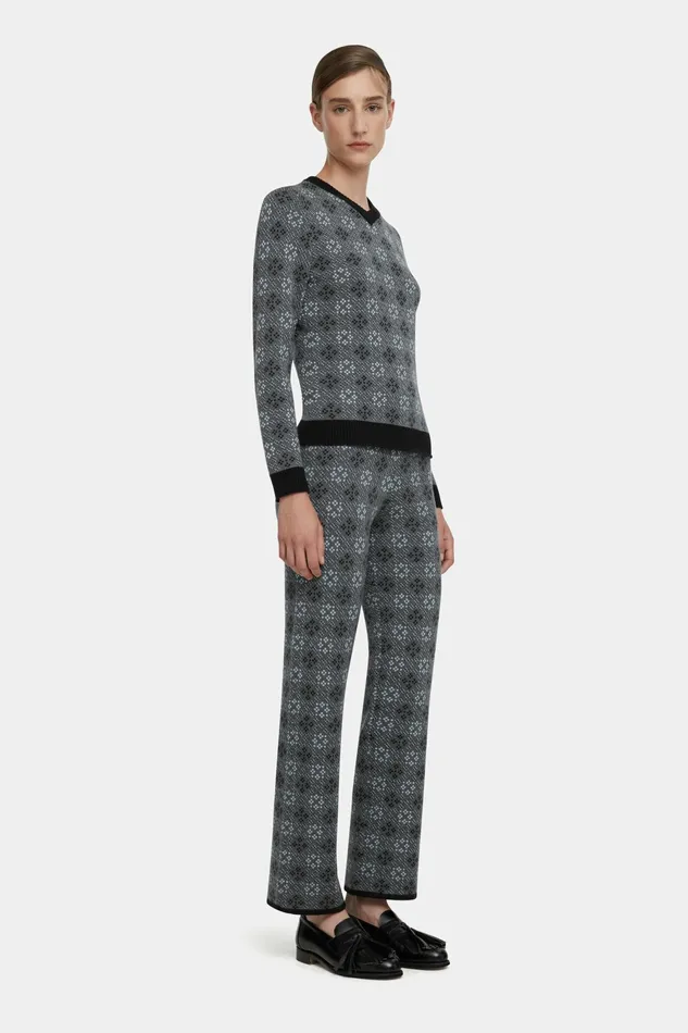 Emilia Wickstead Lowe Knitted Trousers In Grey and Cloud Blue Jacquard Women Trousers Emilia Wickstead Lowe Knitted Trousers In Grey and Cloud Blue Jacquard Women Trousers
