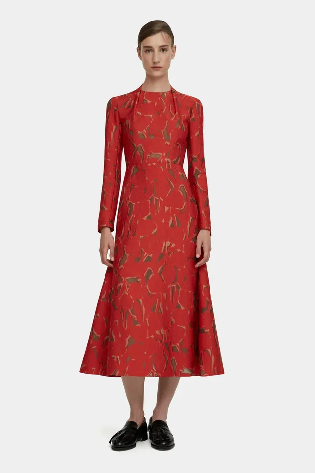 Emilia Wickstead Seneca Dress In Red and Beige Embellished Wool Women Dresses