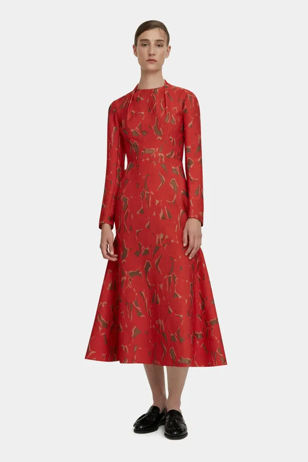 Emilia Wickstead Seneca Dress In Red and Beige Embellished Wool Women Dresses Emilia Wickstead Seneca Dress In Red and Beige Embellished Wool Women Dresses