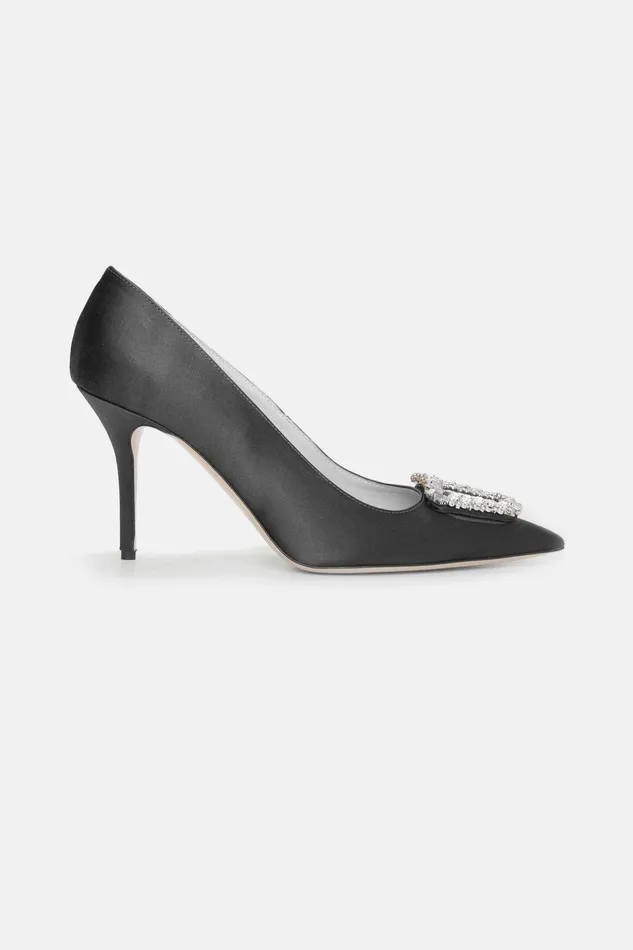 Emilia Wickstead Sophia Jewel Buckle Shoe In Black Satin Women Shoes