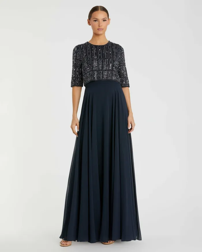 Evening Gowns Mac Duggal Women Blue Chiffon Gown w Fully Beaded 34 Sleeve Top Midnight