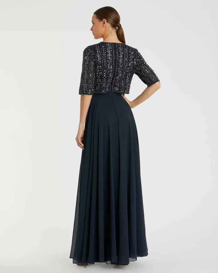 Evening Gowns Mac Duggal Women Blue Chiffon Gown w Fully Beaded 34 Sleeve Top Midnight