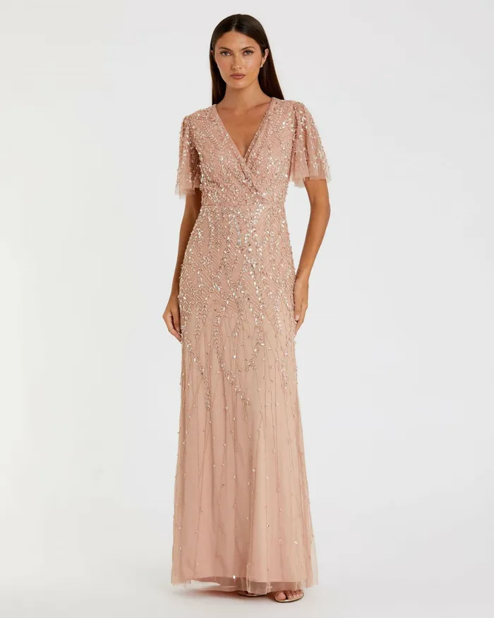 Evening Gowns Mac Duggal Women Pink Embellished Flutter Sleeve Gown Nude