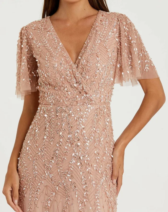 Evening Gowns Mac Duggal Women Pink Embellished Flutter Sleeve Gown Nude