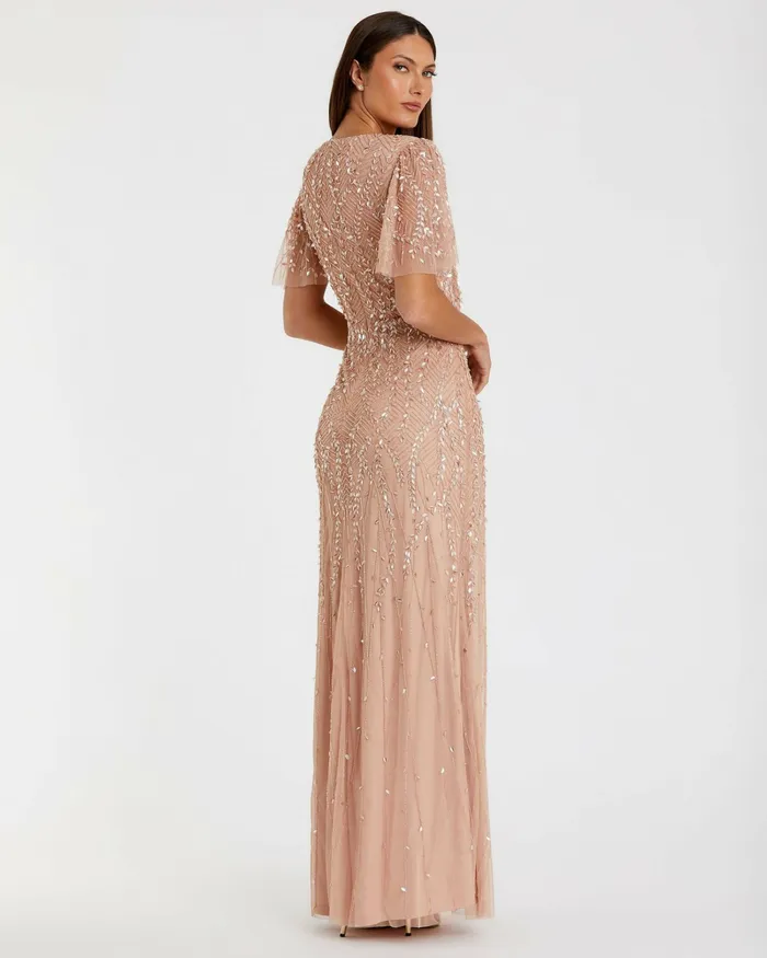 Evening Gowns Mac Duggal Women Pink Embellished Flutter Sleeve Gown Nude