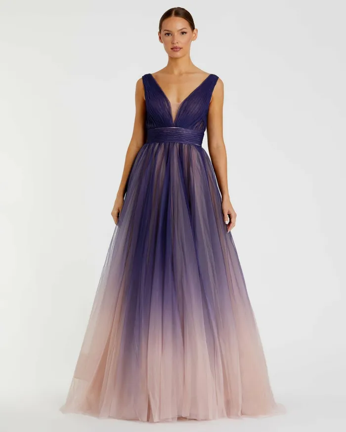 Evening Gowns Sleeveless Ombre Tulle Ball Gown Indigo Ombre Mac Duggal Women