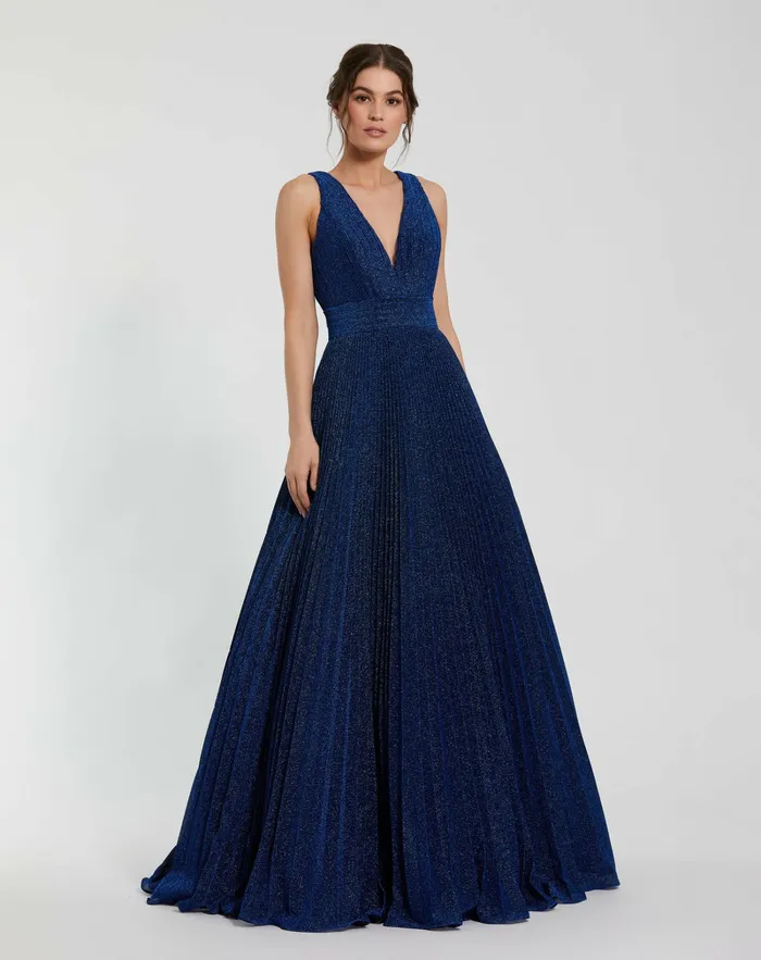 Evening Gowns Women Mac Duggal Shimmering Georgette Pleated Sleeveless Gown Royal