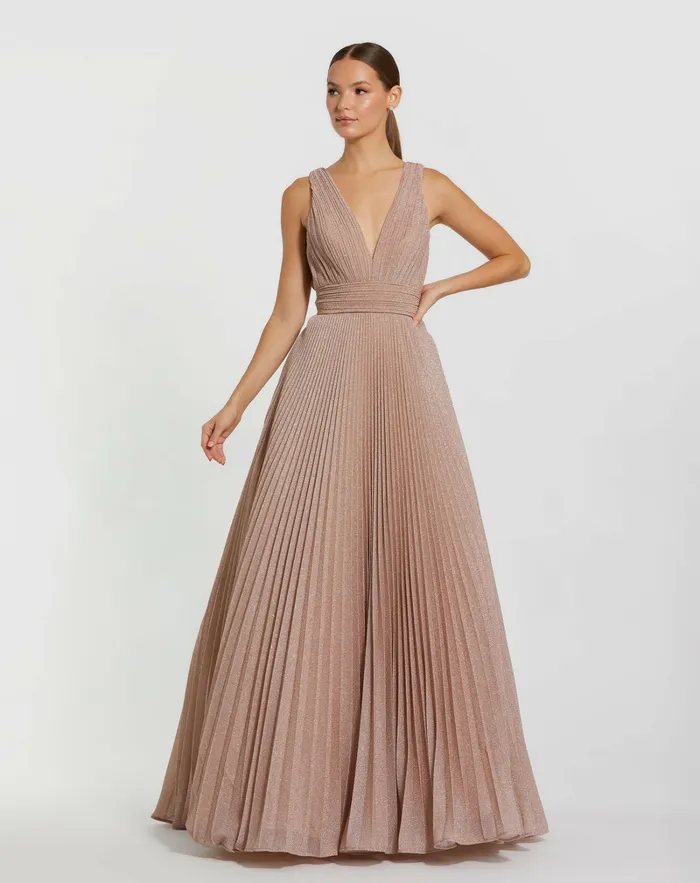 Evening Gowns Women Mac Duggal Shimmering Georgette Pleated Sleeveless Gown Royal