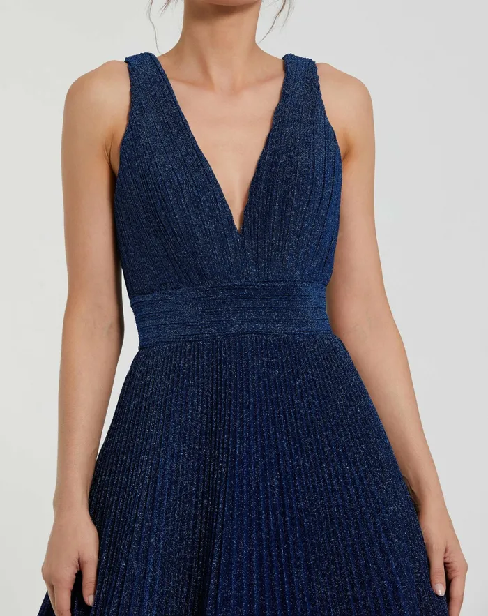Evening Gowns Women Mac Duggal Shimmering Georgette Pleated Sleeveless Gown Royal