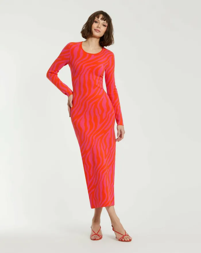 Every Day Dresses Fitted Long Sleeve Zebra Print Knit Maxi Dress 8211 FINAL SALE Hot Pink Sunset Mac Duggal Women