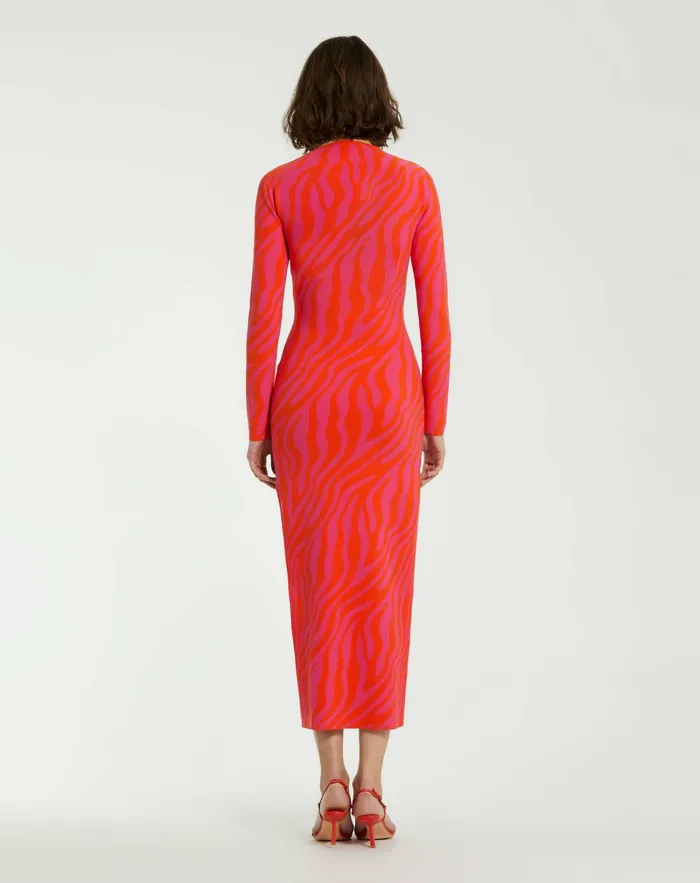 Every Day Dresses Fitted Long Sleeve Zebra Print Knit Maxi Dress 8211 FINAL SALE Hot Pink Sunset Mac Duggal Women
