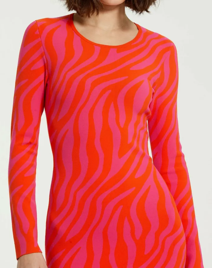 Every Day Dresses Fitted Long Sleeve Zebra Print Knit Maxi Dress 8211 FINAL SALE Hot Pink Sunset Mac Duggal Women
